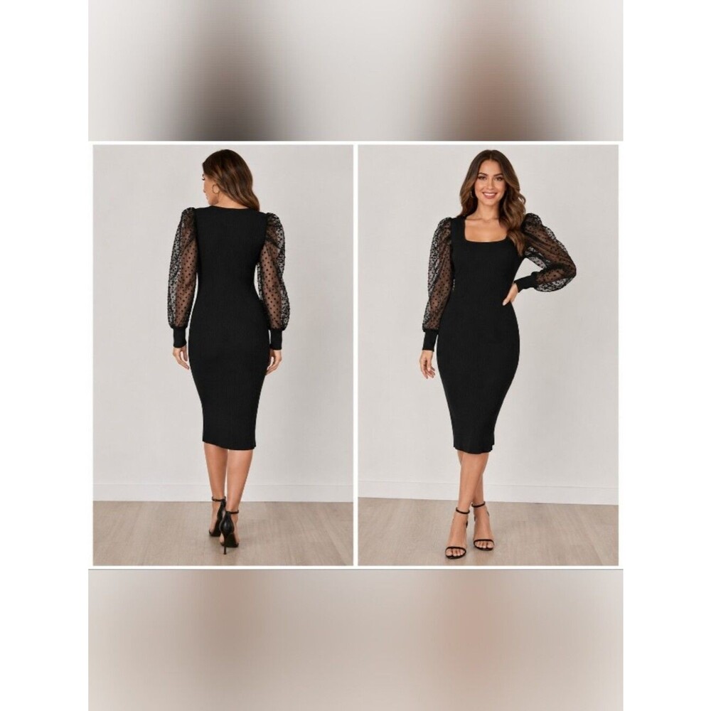 say what black ribbed midi dress sheer swiss dot puff sleeves bodycon nwt medium